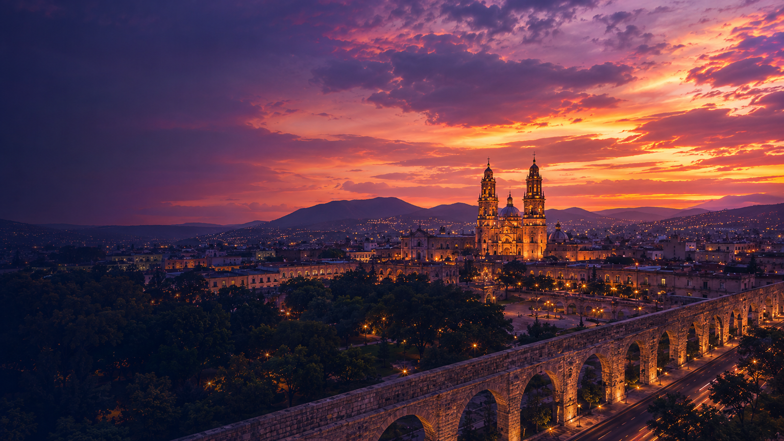 Vista poética de Morelia al atardecer con la Catedral y el Acueducto como fondo demostrativo del portal