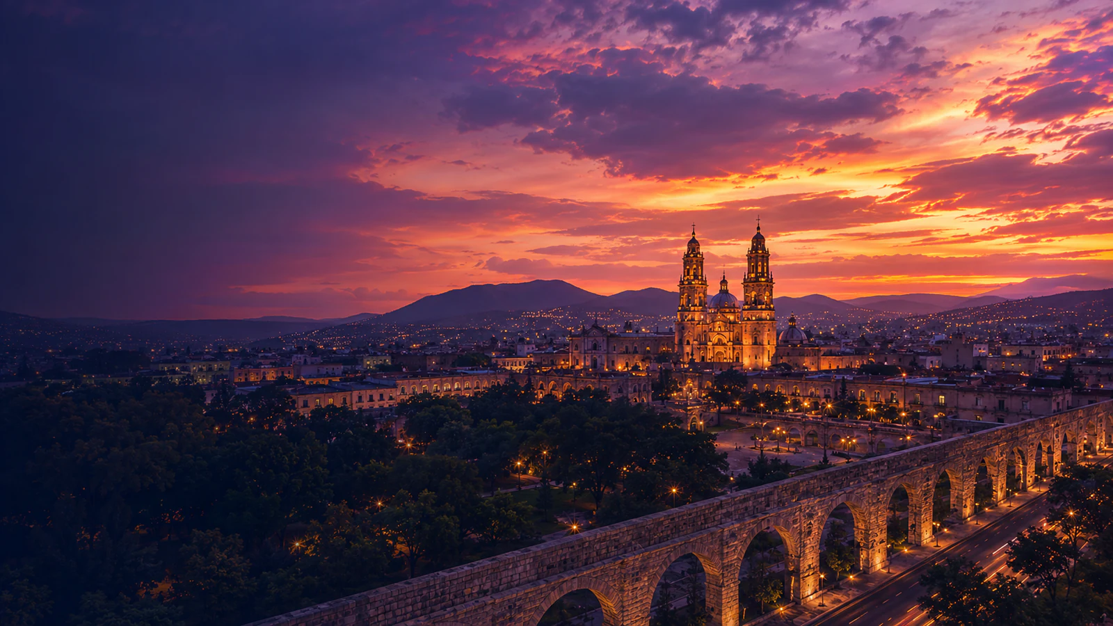 Vista de Morelia al atardecer con la Catedral y el Acueducto
